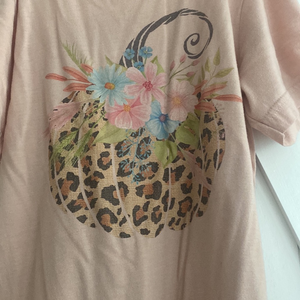 Women’s Cheetah Print Pumpkin with Flowers Light Pink Graphic T-Shirt Size Small